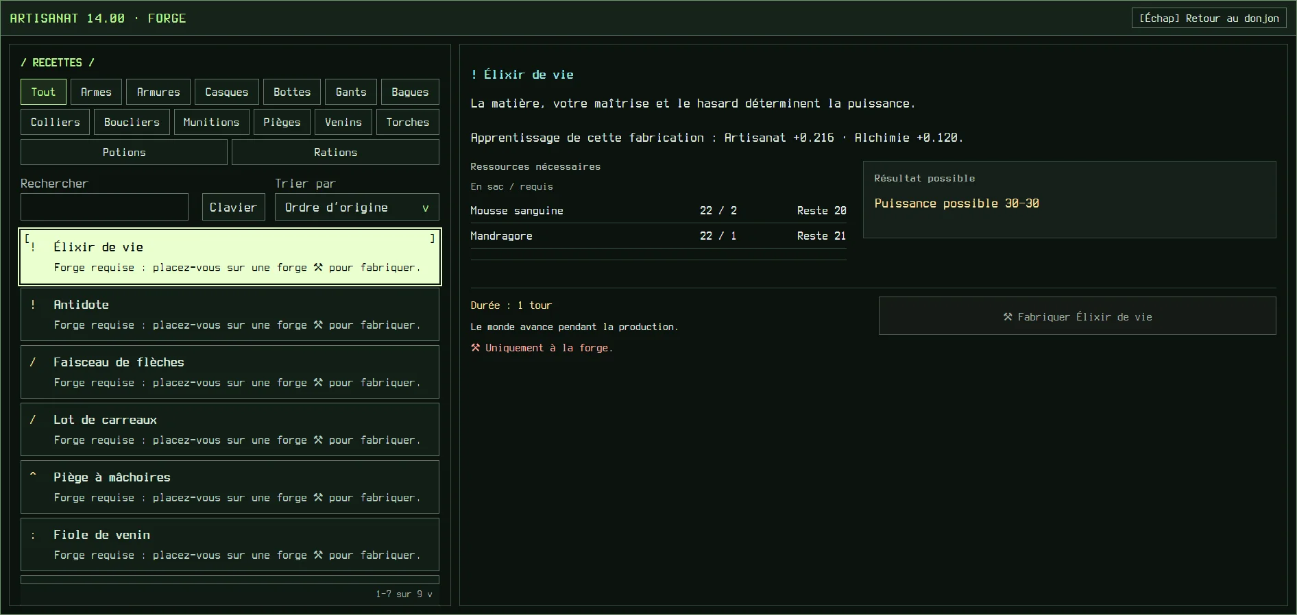 L’écran d’artisanat du jeu : recettes, ressources requises et puissance possible.