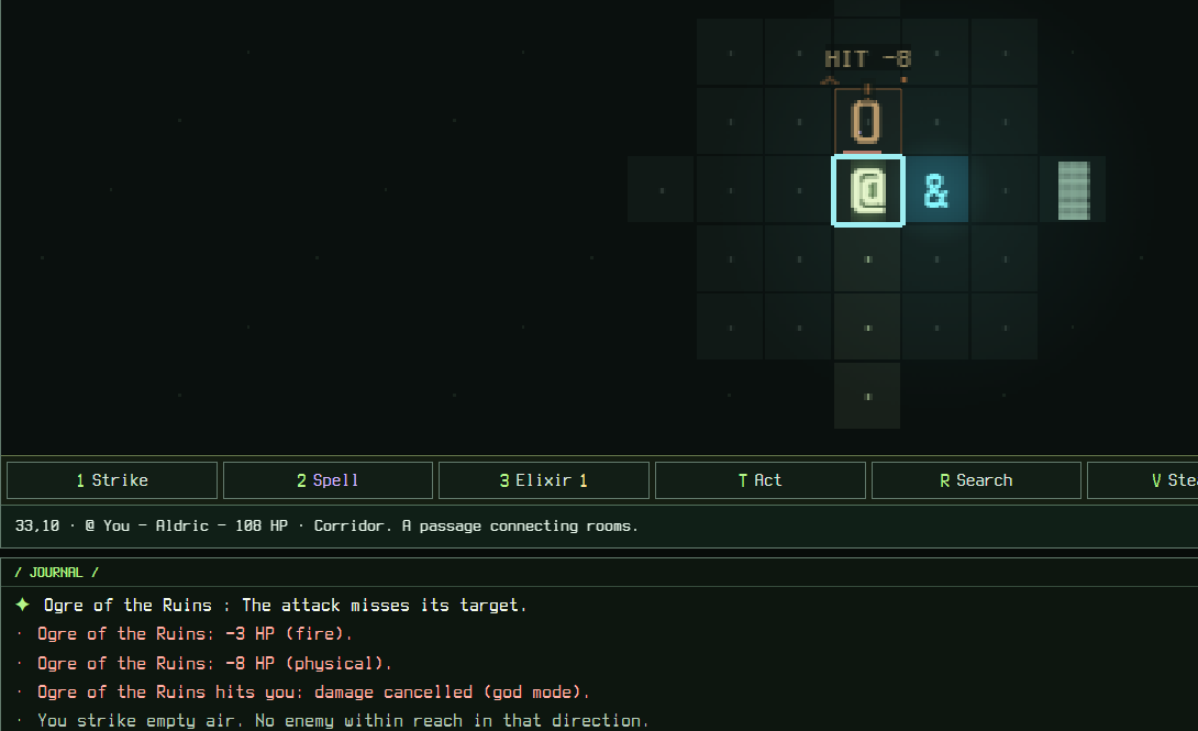 The game screen after a blow: a burning ogre next to the hero, and the journal reading fire damage above physical damage