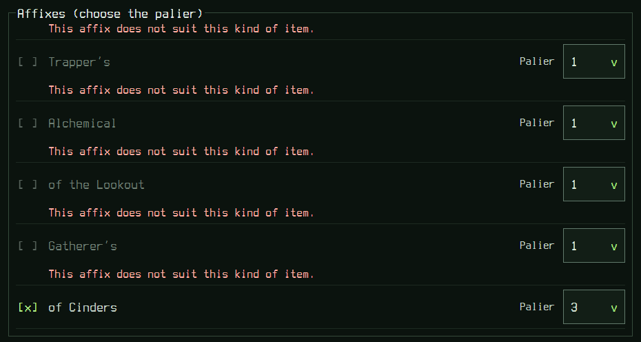 The debug generator's affix list. The last row, of Cinders, is ticked, with palier 3 chosen