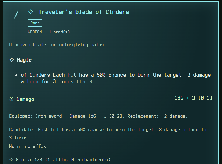 The inventory detail of Traveler's blade of Cinders, a Rare weapon, with the affix text explaining the burn