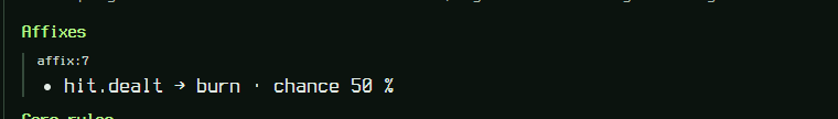 The debug rules view: under Affixes, the line hit.dealt to burn, chance 50 percent